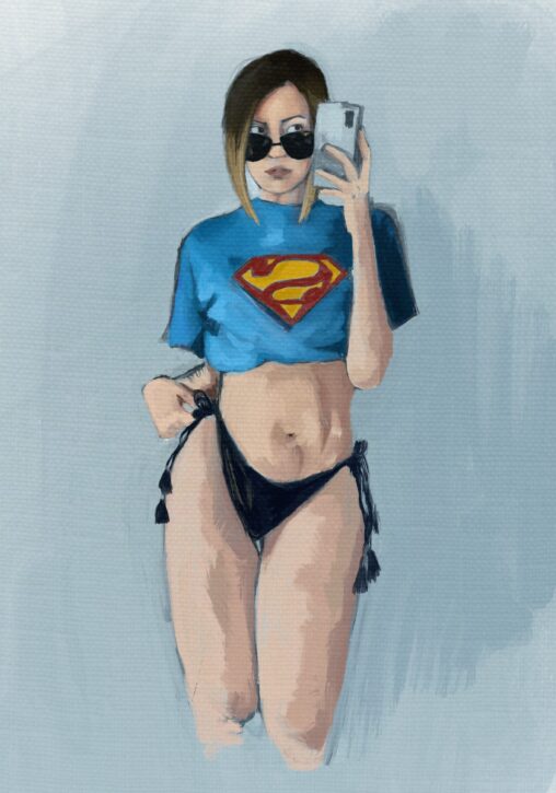 Ilustración imitando una pintura tradicional de un chica en bikini con la camiseta de superman haciéndose una foto