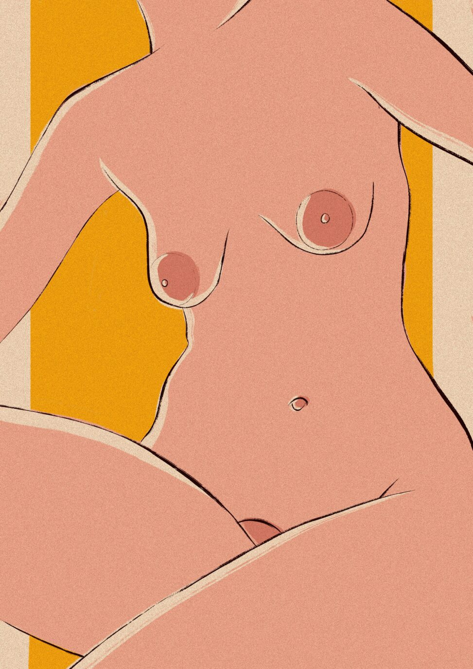 Ilustración de colores planos de un torso de mujer desnuda sobre un fondo amarillo.