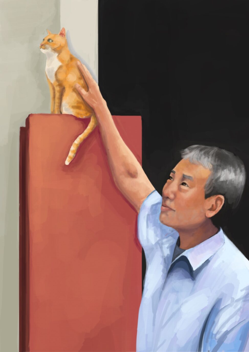 Ilustración digital de Murakami acariciando a un gato.