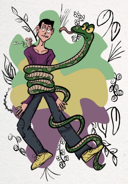 Ilustración digital de un chico atrapado con una serpiente con un ratón en su hombro.