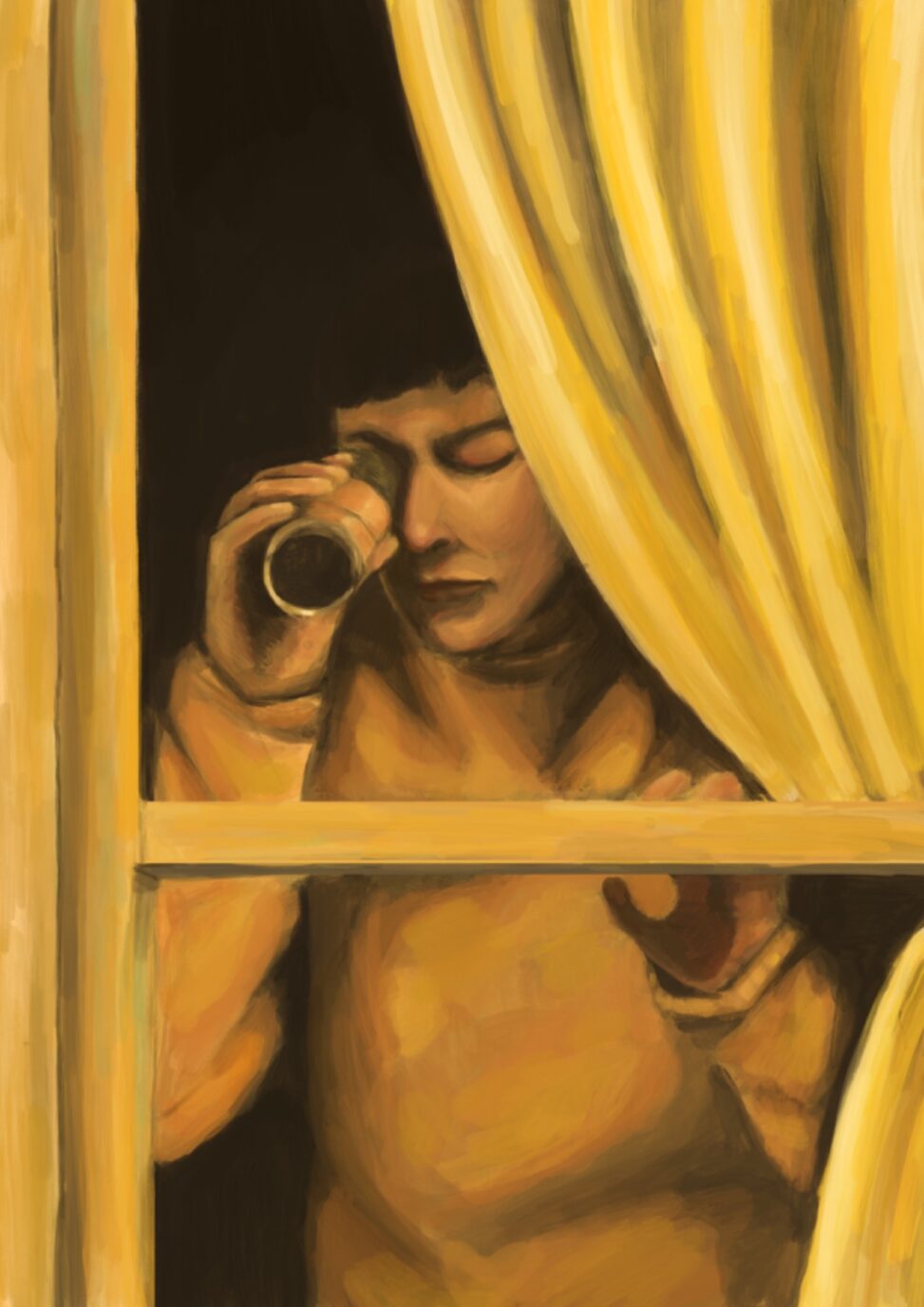 Ilustración digital de Amèlie asomada a una ventana amarilla.